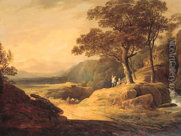A cowherd and cattle on a track in a mountainous landscape Oil Painting - William Payne