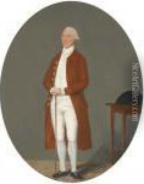Portrait Of A Gentleman, 
Full-length, In A Brown Coat And Whitewaistcoat And Breeches, Holding A 
Cane, A Tricorn On A Table Besidehim Oil Painting - Benjamin Wilson