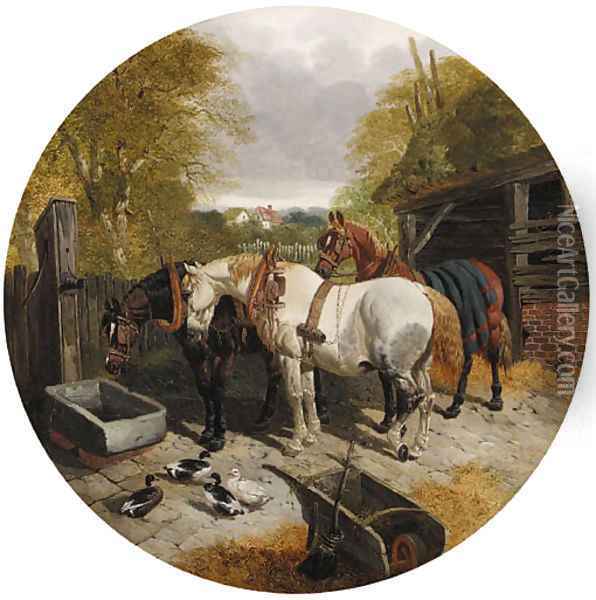 Horses at a trough, with ducks, on in a foreground Oil Painting - John Frederick Herring Snr