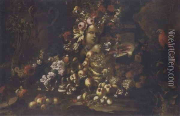 A Marble Bust Surrounded By Roses, Carnations, Morning Glory And Other Flowers, A Sliced Watermelon, Mushrooms, Grapes And Other Fruit With Urns And A Parrot Oil Painting - Giovanni Paolo Castelli (lo Spadino)
