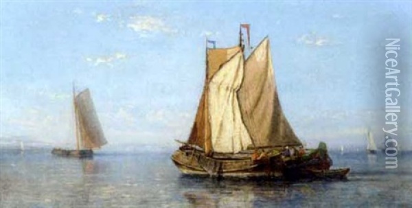 Barges Becalmed On The Estuary Oil Painting - Johannes Frederick Schuetz