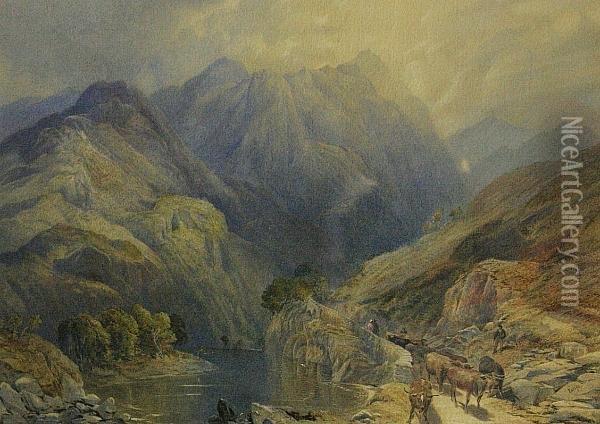 A Mountainous Landscape With A Drover Oil Painting - James Burrell-Smith