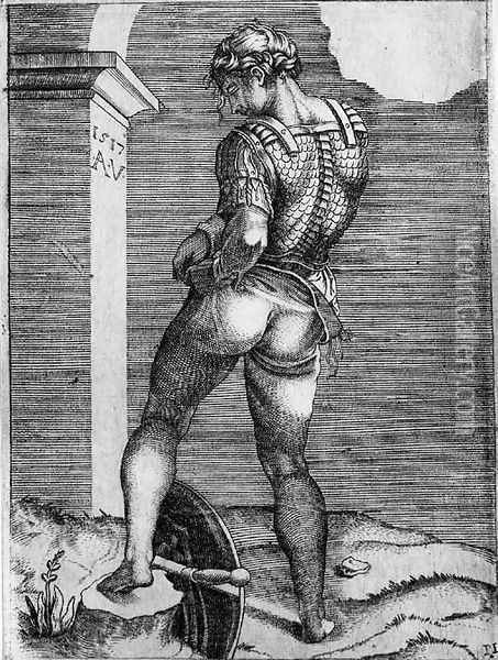 Soldier attaching his Breeches to his Breastplate, after Michelangelo Oil Painting - Marcantonio Raimondi