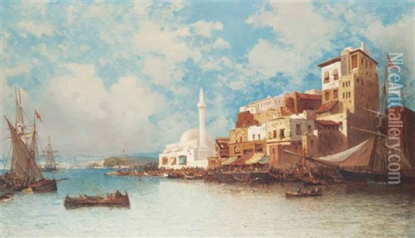 Eastern Harbour Oil Painting - Jean Baptiste Henri Durand-Brager