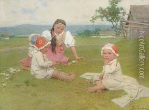 Playtime In The Meadow Oil Painting - Josef Douba