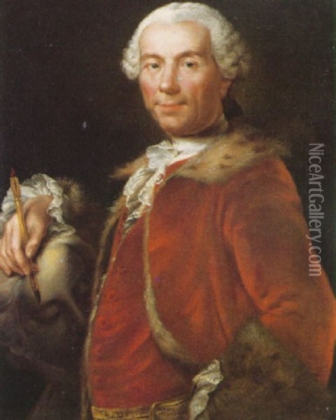 Portrait Of An Artist Wearing A Red Velvet Waistcoat And Coat Trimmed With Fur, His Right Hand Holding A Crayon Oil Painting - Anton Graff