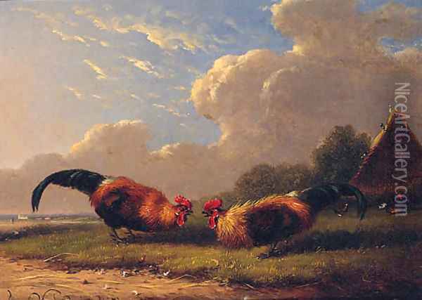 Cockerels Oil Painting - Franz van Severdonck
