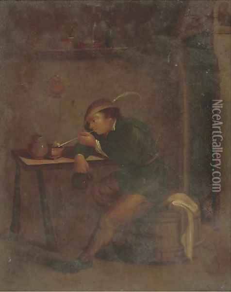 A boor smoking and drinking in an interior Oil Painting - Hendrick Maertensz. Sorch (see Sorgh)