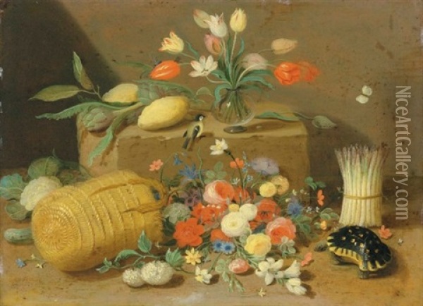An Overturned Basket Of Flowers With A Tortoise Oil Painting - Jan van Kessel the Elder