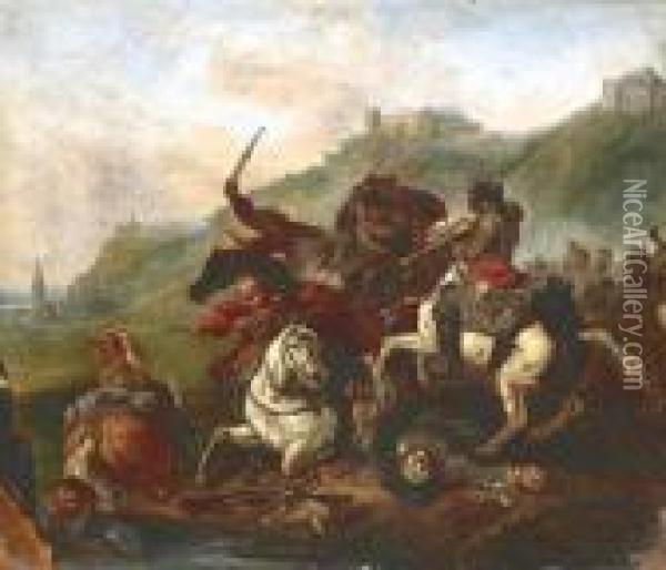 Cavalry Battle In The Mountains Oil Painting - Jacques Courtois Le Bourguignon