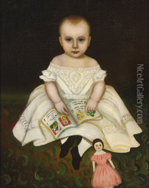 Portrait Of A Young Girl With Open Primer And Doll Oil Painting - Joseph Whiting Stock