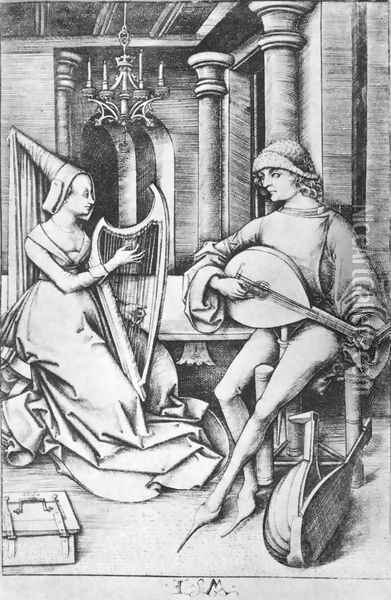 The Lute Player and the Harpist c. 1490 Oil Painting - Israhel van, the Younger Meckenem
