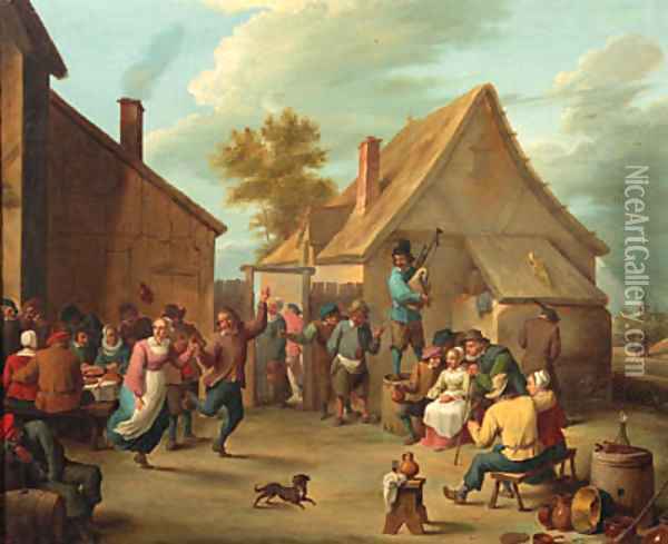 Peasants merrymaking in the courtyard of an inn Oil Painting - David The Younger Teniers