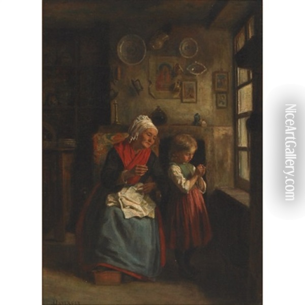 Threading Grandmother's Needle Oil Painting - Theophile Emmanuel Duverger
