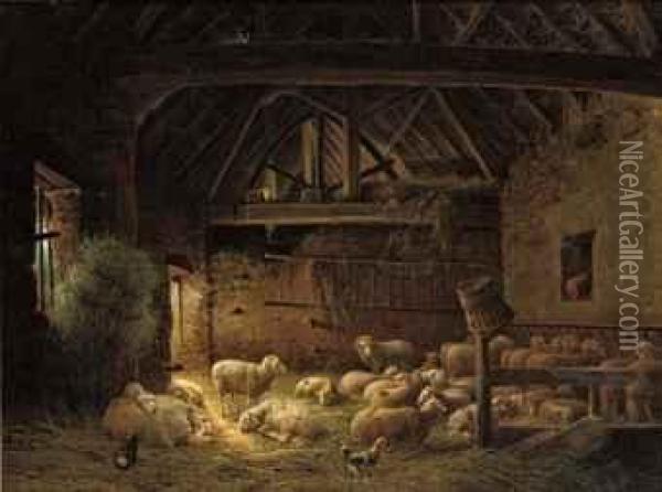 Sheep In A Barn Oil Painting - Joseph Augustus Knip