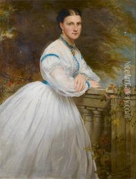 Portrait Of A Lady, Three-quarter Length, Wearing A White Dress, Leaning Against A Garden Wall Oil Painting - Samuel Sidley
