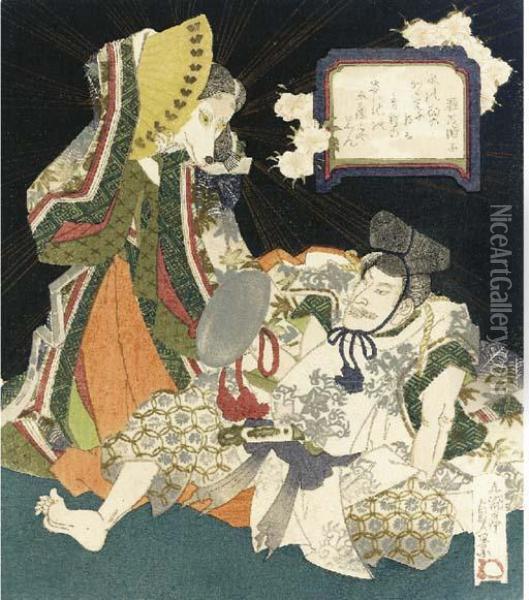 A Surimono Of The Fox Legend Oil Painting - Utagawa Sadakage