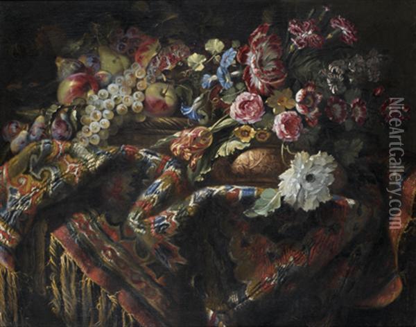 Nature Morte Au Panier De Fruits, Raisins, Poires, Pommes Et Grenade Au Vase De Fleurs Sur Un Tapis Oil Painting - Jacques Samuel Bernard