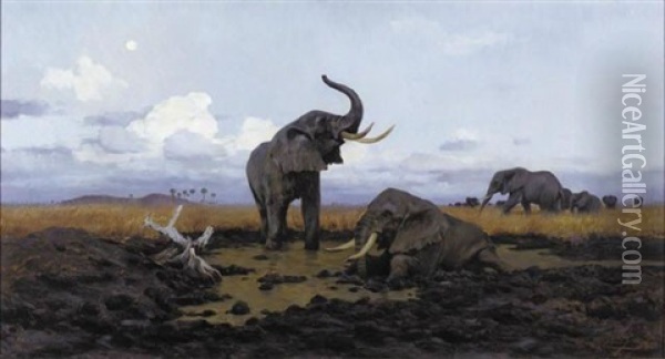 In The Twilight, Elephants Oil Painting - Wilhelm Friedrich Kuhnert
