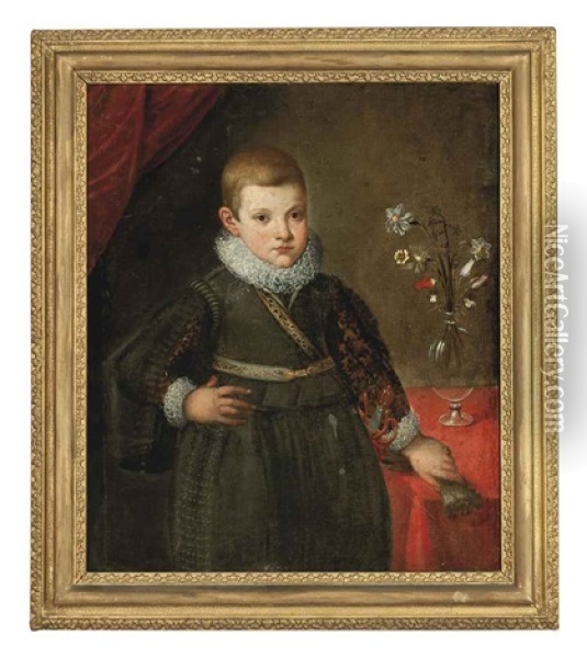 Portrait Of A Young Boy In A Green Jerkin And Hose, His Left Hand Resting On A Draped Table Oil Painting - Alonso Sanchez Coello