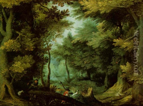 A Wooded Landscape With Huntsmen Oil Painting - Jan Brueghel the Elder