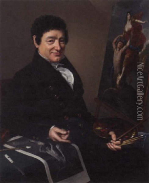 A Portrait Of The Painter Dominique Morlot, In His Studio, Wearing A Maroon Jacket And Holding His Palette Oil Painting - Henri Valton