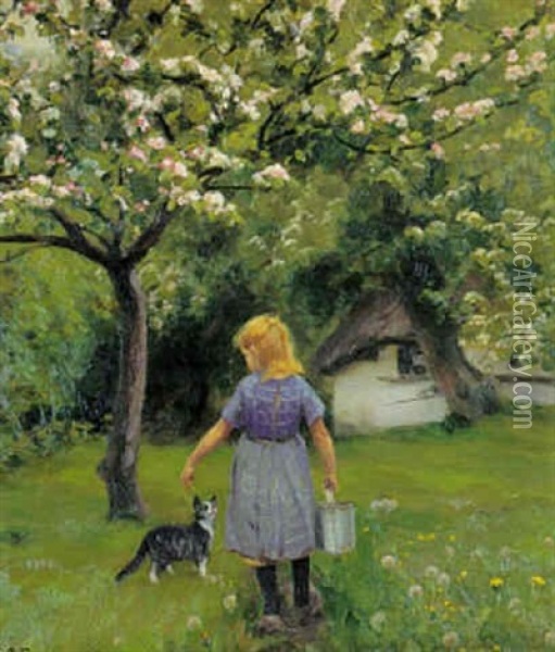 En Lille Pige Med En Kat Og Maelkespand I Haven Med De Nyudsprugne Aebletraeer Oil Painting - Hans Andersen Brendekilde