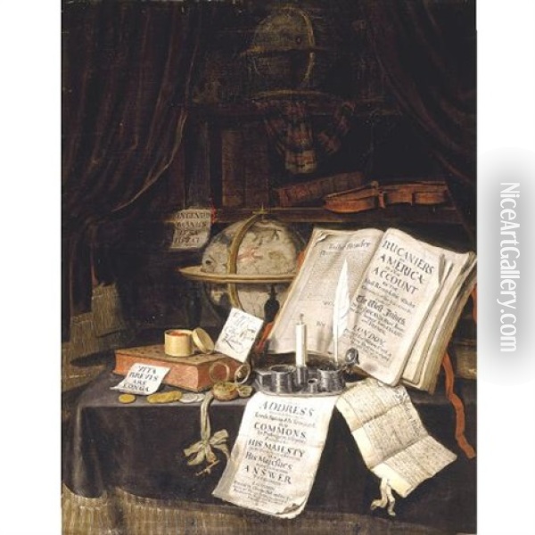 A Vanitas Still Life: A Volume Of The Bucaniers Of America, A Globe, Books, An Address To The Commons, A Candle, A Quill, A Key And A Pocketwatch, All Upon A Table Oil Painting - Edward Collier