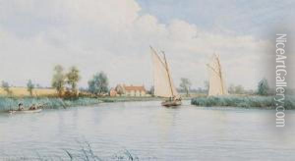 Stokesby, River Bure Oil Painting - Charles Harmony Harrison