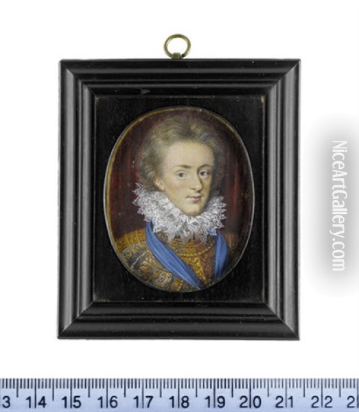 Henry, Prince Of Wales, Before Red Drapery, Wearing Damascened Armor, White Lace Ruff, Blue Ribbon Of The Order Of The Garter About His Neck Oil Painting - Isaac Oliver