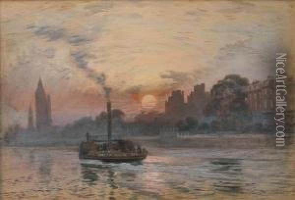 Steam Barge On Thethames At Dusk Oil Painting - Arthur Severn