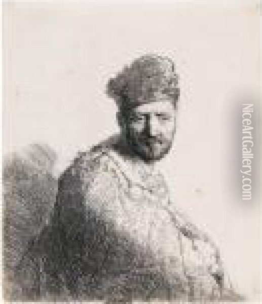 Bearded Man In A Furred Oriental Cap And Robe: The Artist's Father. Oil Painting - Rembrandt Van Rijn