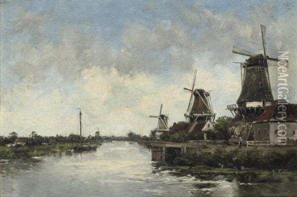 Windmills By A River Oil Painting - Hermanus Jr. Koekkoek