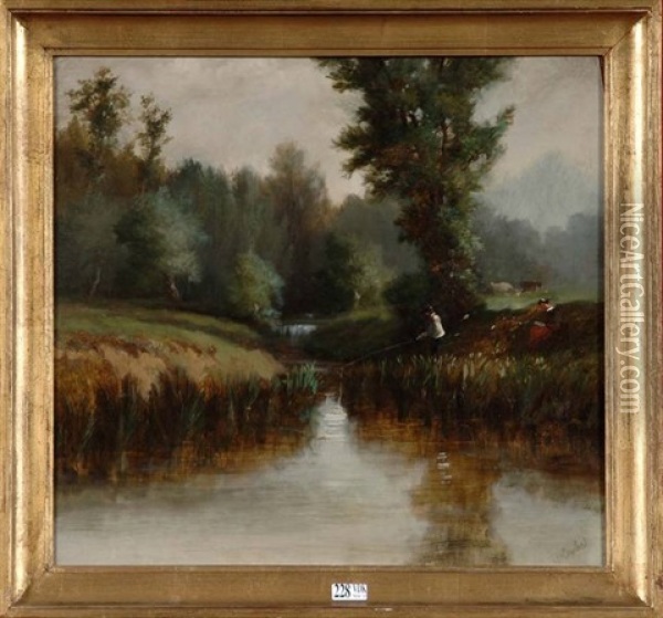 Pecheurs Au Bord Du Ruisseau Oil Painting - Paul J. Lauters