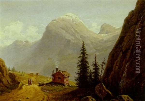 Bjerglandskab Med Hytte Og Figurer Oil Painting - Fritz Hultmann