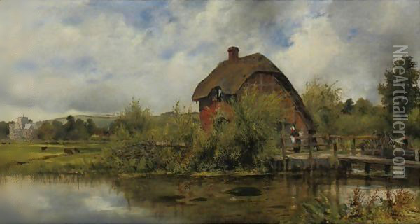 A figure by a mill cottage in a river landscape with a village in the distance, traditionally believed to be near Winchester, Hampshire Oil Painting - Frederick Waters Watts