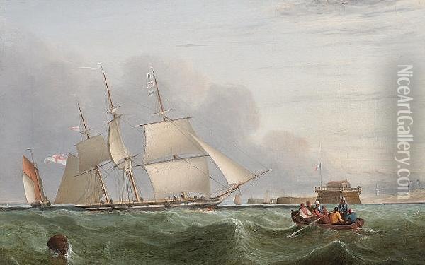 A Royal Navy Sloop Heaving-to Off The French Channel Coast Oil Painting - John Lynn