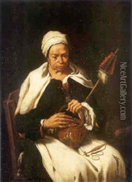 Portrait De Vieille Femme Tenant Un Brasero Et Une Quenouille Oil Painting - Pietro Bellotti