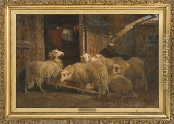 Barn Scene With Sheep Oil Painting - August Friedrich Albrecht Schenck