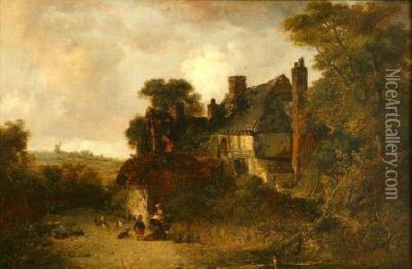 Figures, Dogand Domestic Fowl In A Country Lane Before A Cottage, Windmill Indistance Oil Painting - Edward Robert Smythe