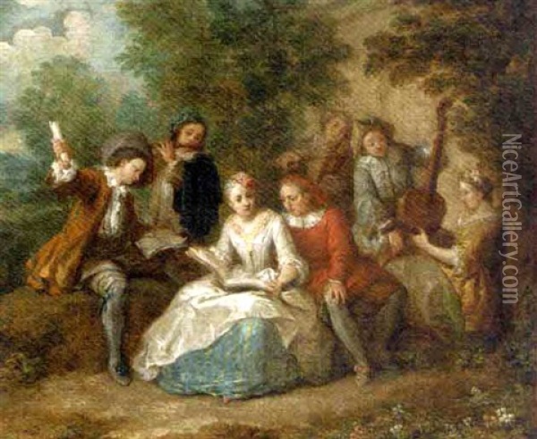 Elegant Company Playing Music In A Garden Oil Painting - Philip Mercier