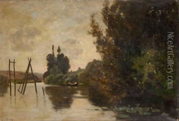 River Landscape At Sunset Oil Painting - Hippolyte Camille Delpy
