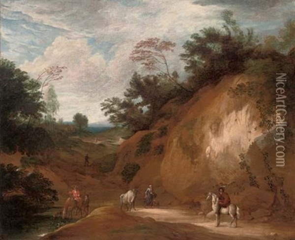 A Mountainous Landscape With Travellers On A Path Oil Painting - Jacques d' Arthois