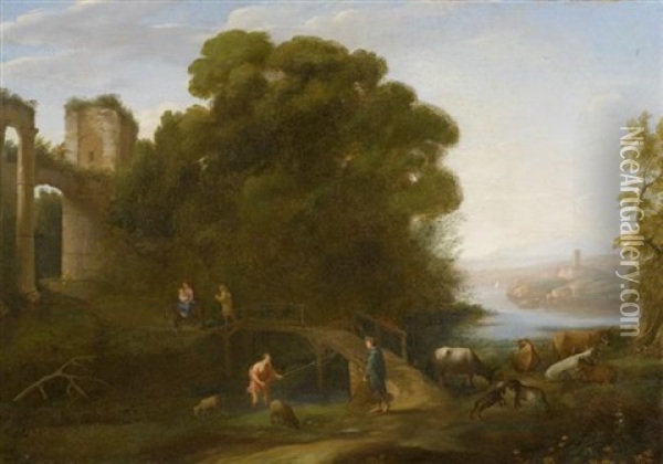 Pastorale Landschaft Mit Der Flucht Nach Agypten Oil Painting - Giovanni Domenico Desiderii