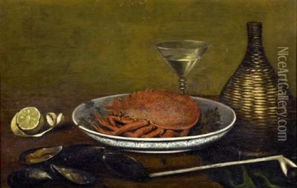 Stilleben Mit Hummer In Porzellanschale, Austern, Zitrone, Flechtkorbflasche Und Weinglas Oil Painting - Johann Seitz