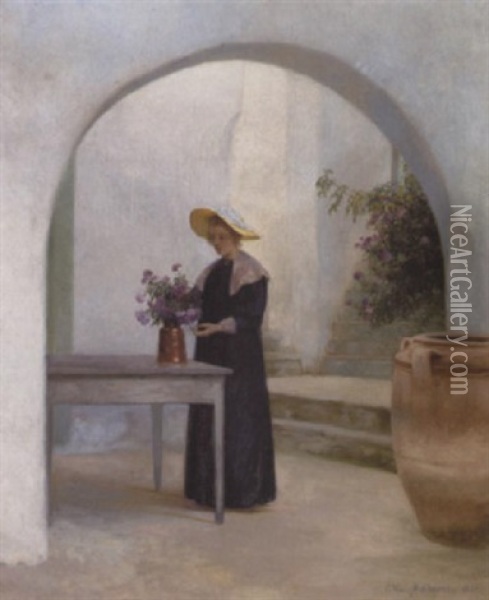 En Ung Pige Saetter Blomster I En Vase Oil Painting - Cilius (Johannes Konrad) Andersen