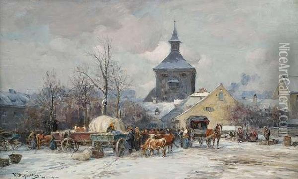 Wintry Cattlemarket In A Bavarian Village. Oil Painting - Karl Stuhlmuller