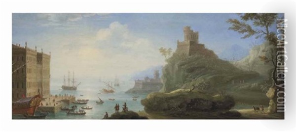 Capriccio Of A Mediterranean Harbour Oil Painting - Charles-Leopold Grevenbroeck