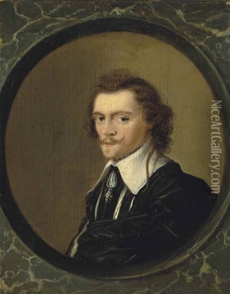 Portrait Of A Man, Half-length, In A Black Robe And White Collar, In A Sculpted Marble Oval Oil Painting - Hendrick Gerritsz. Pot