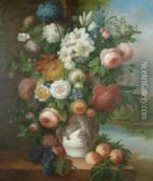 Still Life Of Flowers And Fruit On Top Of A Ledge Oil Painting - Thomas Webster
